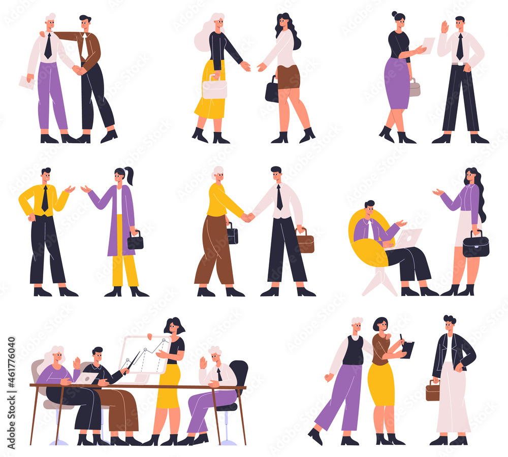 Business people negotiating, discussing, professional communication, brainstorming. Office workers business meeting or conference vector illustration set. Formal negotiation