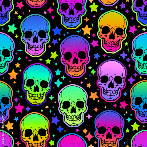 seamless illustration of neon bright human skulls