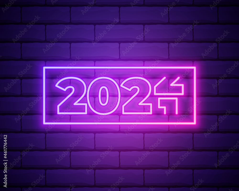 2022 neon signboard. Happy New Year. Realistic pink neon numbers on dark brick wall. Vector 2022 in neon linear style. 2022 neon signboard. Happy New Year. Realistic pink neon numbers on dark brick wall. Vector 2022 in neon linear style.