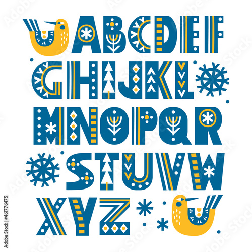 Hand drawn latin alphabet in Scandinavian style with ornate letters. Make your own Christmas typography. Isolated objects on white background. Vector illustration.