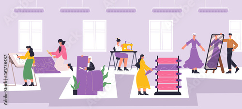 Fashion atelier workers, sewing, dressmaking workshop interior. Textile industry employees, dressmaking process vector illustration. Textile factory or atelier