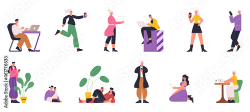 People surfing internet using gadgets  chatting and reading. Characters use internet with mobile gadgets  tablet  smartphone vector illustration set. People social networking