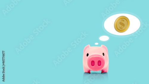Saving Money Idea for Fund and Retirement Concept, Pink piggy bank with bubble idea with gold coin on light blue color background
