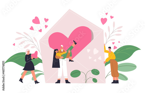Romantic people  couple in love with giant heart  valentines day concept. Happy romantic characters with red heart and love letter vector illustration. Valentines day concept