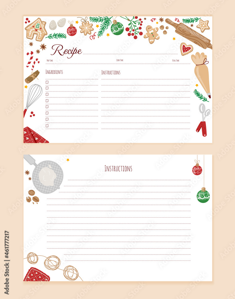 Empty recipe card template with colorful cooking utensils in christmas-style.Vector flat illustration. Empty recipe card template with colorful cooking utensils in christmas-style.Vector flat illustration.