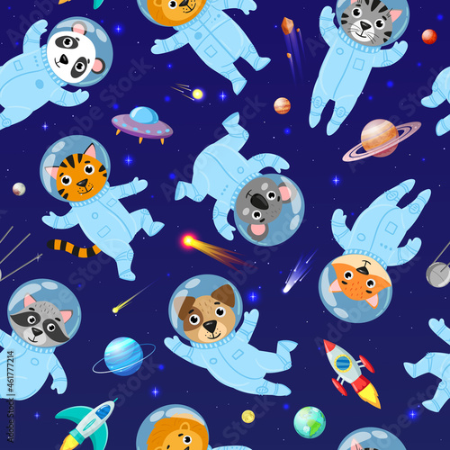 Cartoon space animals cosmonauts, astronauts seamless pattern. Cute space galaxy astronauts in space suits vector illustration. Space animals seamless pattern