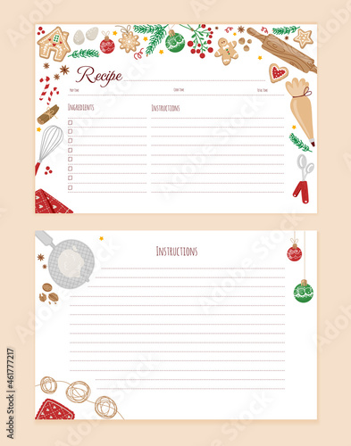 Empty recipe card template with colorful cooking utensils in christmas-style.Vector flat illustration.