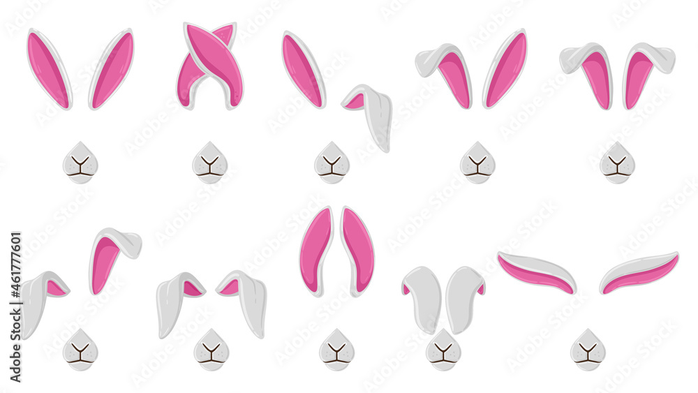Cartoon rabbit ears, cute bunny ears selfie or video chat masks. Rabbit ears and noses selfie filters or mobile photo editor vector illustration set. Bunny video chat masks