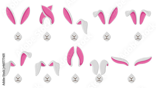 Cartoon rabbit ears, cute bunny ears selfie or video chat masks. Rabbit ears and noses selfie filters or mobile photo editor vector illustration set. Bunny video chat masks