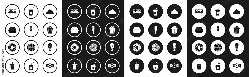 Set Covered with tray, Ice cream, Burger, Sushi on cutting board, Popcorn box, Paper glass straw, Chicken leg and Donut icon. Vector