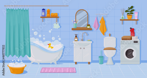 Cartoon apartment bathroom interior, bathtub and sink. Toilet, washing machine, mirror, bathroom interior elements vector illustration. Modern house washroom