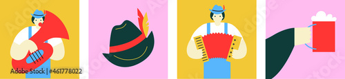 Traditional Oktoberfest beer festival. Mugs beer and people vector illustration. Oktoberfest cartoon flat banner. Set of Oktoberfest vector design elements. Vector EPS10