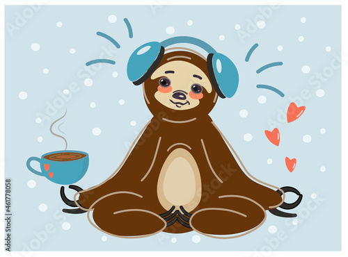 A cute sloth sits in a lotus position with headphones. The character is meditating with a cup of coffee and spreading hearts. Vector isolated on blue background. Postcard Birthday or Valentine's Day.