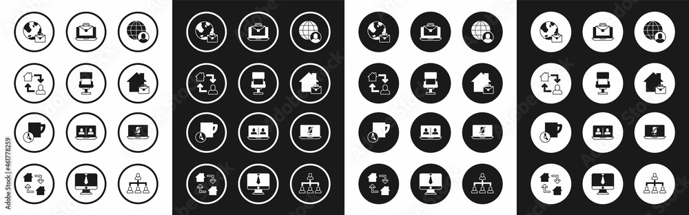 Set Freelancer, Office chair, Online working, Mute microphone on laptop and Time management icon. Vector