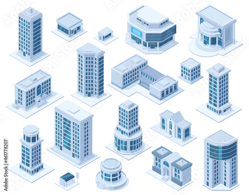 Isometric urban city downtown district architecture buildings. Skyscraper buildings, hospital school and shop vector illustration set. Modern city buildings