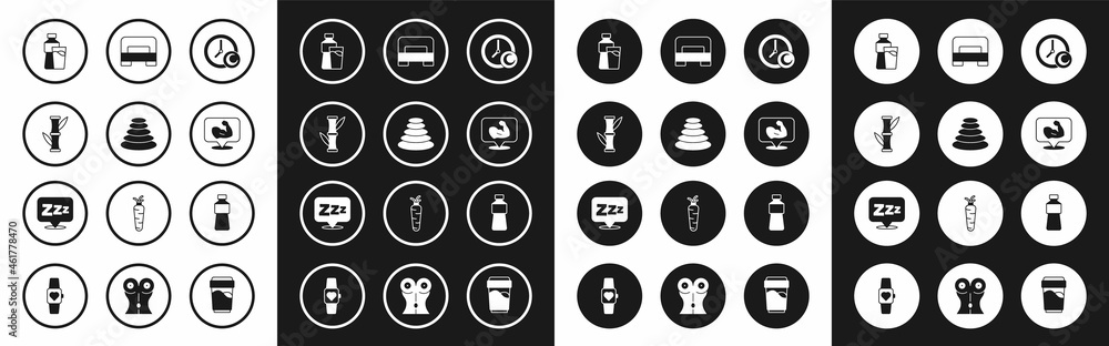 Set Time to sleep, Stack hot stones, Bamboo, Bottle of water with glass, Bodybuilder muscle, Big bed, and Sleepy icon. Vector Set Time to sleep, Stack hot stones, Bamboo, Bottle of water with glass, Bodybuilder muscle, Big bed, and Sleepy icon. Vector
