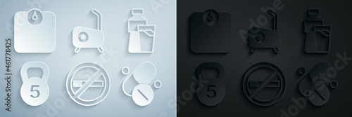 Set No Smoking, Bottle of water with glass, Weight, Vitamin pill, Stationary bicycle and Bathroom scales icon. Vector