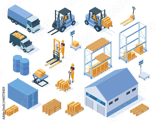 Isometric warehouse storage delivery logistic services elements. Warehouse building, forklifts and warehouse workers vector illustration set. Industrial storage equipment