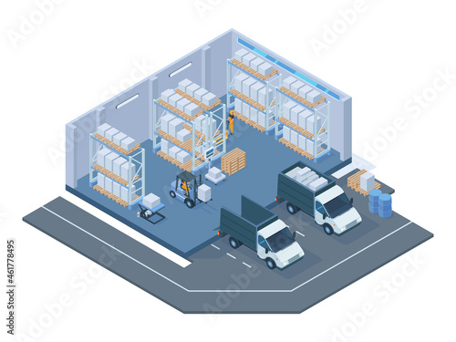 Isometric storage building, modern warehouse interior. Storage forklift trucks, pallet trolley, shelves and delivery lorry vector illustration. Warehouse buildings interior photo