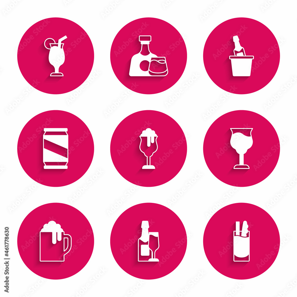 Set Glass of beer, Champagne bottle and glass, Cocktail Bloody Mary, Wine, Wooden mug, Beer can, ice bucket and icon. Vector Set Glass of beer, Champagne bottle and glass, Cocktail Bloody Mary, Wine, Wooden mug, Beer can, ice bucket and icon. Vector