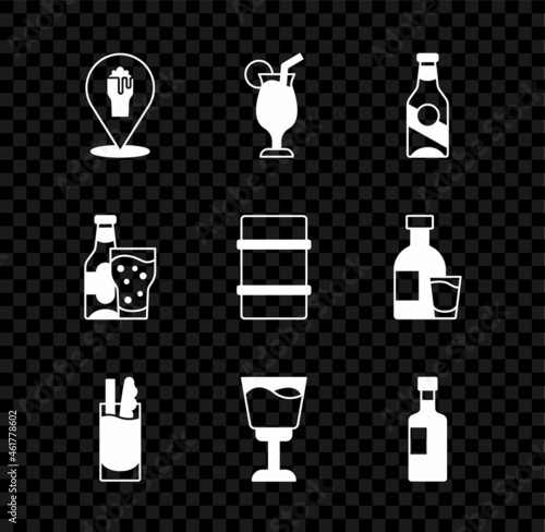 Set Alcohol or beer bar location, Cocktail, Beer bottle, Bloody Mary, Wine glass, and and Metal keg icon. Vector