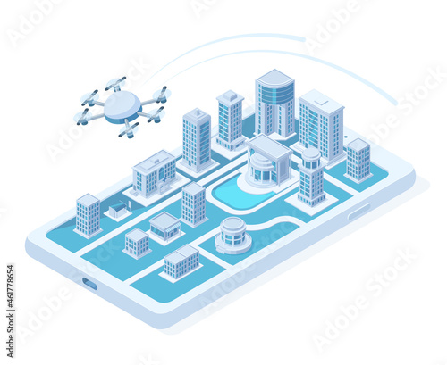 Isometric drone aerial delivery, quadcopter digital innovation concept. Flying logistics quadcopter, delivery drone transportation vector illustration. Modern city concept