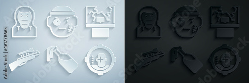 Set Cocktail molotov, Broken window, Sniper rifle with scope, Headshot, Bandit and Thief mask icon. Vector