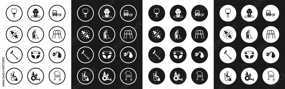 Set Disabled car, Grandmother, Joint pain, knee pain, Dental implant, Walker, Head of deaf dumb, Hearing aid and Walking stick cane icon. Vector