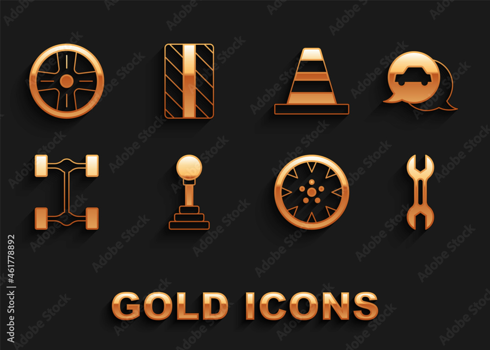 Set Gear shifter, Car service, Wrench spanner, Alloy wheel, Chassis car, Traffic cone, and tire icon. Vector Set Gear shifter, Car service, Wrench spanner, Alloy wheel, Chassis car, Traffic cone, and tire icon. Vector