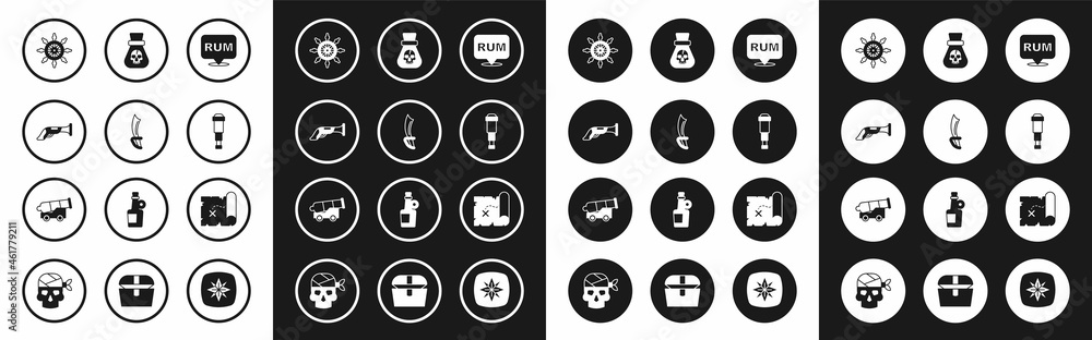 Set Alcohol drink Rum, Pirate sword, Vintage pistol, Ship steering wheel, Spyglass telescope lens, coin, treasure map and Cannon icon. Vector