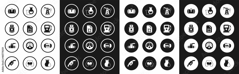 Set Oil pump or pump jack, Canister for motor oil, Propane gas tank, Gas vehicle, Petrol station, petrol test tube, storage and Metallic pipes and valve icon. Vector Set Oil pump or pump jack, Canister for motor oil, Propane gas tank, Gas vehicle, Petrol station, petrol test tube, storage and Metallic pipes and valve icon. Vector