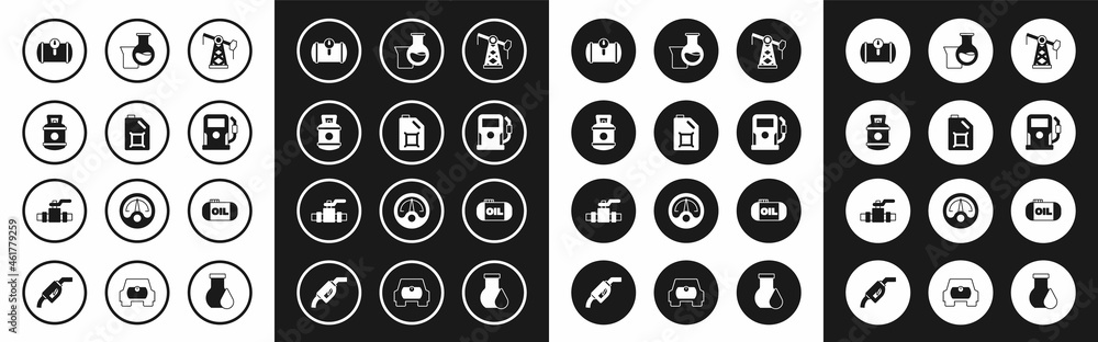 Set Oil pump or pump jack, Canister for motor oil, Propane gas tank, Gas vehicle, Petrol station, petrol test tube, storage and Metallic pipes and valve icon. Vector
