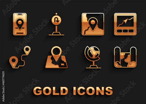 Set Folded map with location marker, Gps device, Earth globe, Route, City navigation and Turn back road sign icon. Vector
