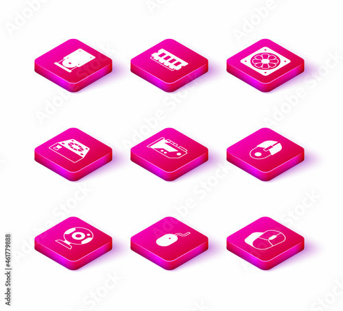 Set Web camera, Computer mouse, cooler, Video graphic card, and RAM, random access memory icon. Vector