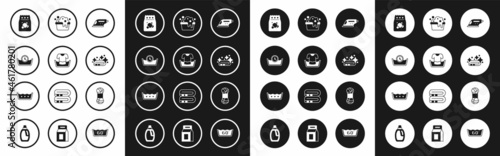 Set Electric iron, Basin with shirt, Time wash, Laundry detergent, Towel stack, soap suds, Yarn and Temperature icon. Vector