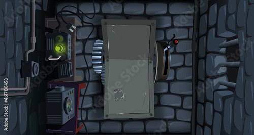 Halloween background, mad scientist's laboratory, vector illustration for children, Frankenstein's laboratory top view with empty space on the metal electric bed photo