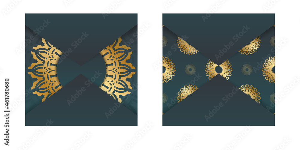 Greeting card with gradient green color with abstract gold pattern for your design.