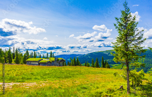Beautiful panorama cottages huts mountains Kvitfjell Ski area Fåvang Norway. photo