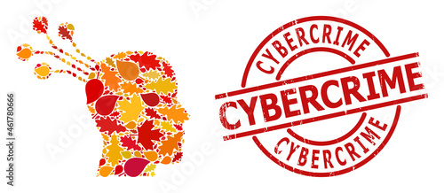 Brain Machine Interface mosaic icon constructed for fall seasonwith CYBERCRIME dirty stamp print. Vector brain machine interface mosaic is constructed from randomized autumn maple and oak leaves.