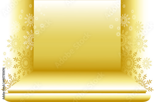3d background render with gold podium, snowflakes. Christmas Stage render for product on modern platform. Presentation, mockup, scene, stand to show product. Stage showcase golden studio. Vector 