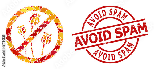 Stop Poppy Plants collage icon constructed for fall season, and AVOID SPAM unclean seal. Vector stop poppy plants mosaic is constructed of randomized autumn maple and oak leaves.