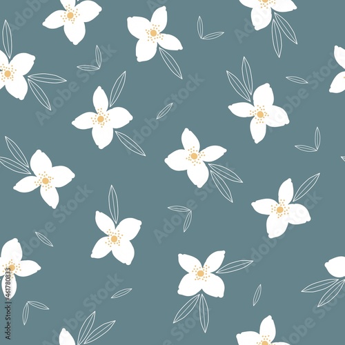 Seamless vintage pattern abstract. white flowers and leaves outline . dark blue background. vector texture. trend print for textiles, wallpaper and packaging. © Алена Шенбель