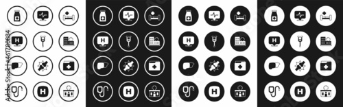 Set Hospital bed, Crutch or crutches, Location hospital, Medicine bottle and pills, building, Heart rate, Patient record and Human organ liver icon. Vector