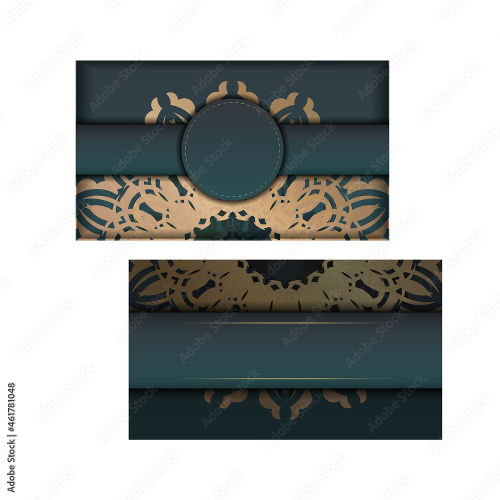 Greeting card with gradient green color with indian gold pattern for your design.