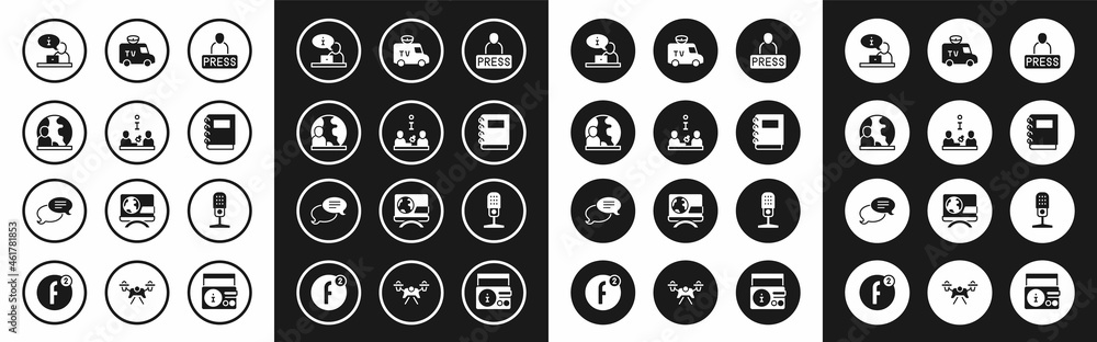 Set Journalist news, Interview, World, Television report, Notebook, TV News car, Microphone and Speech bubble chat icon. Vector