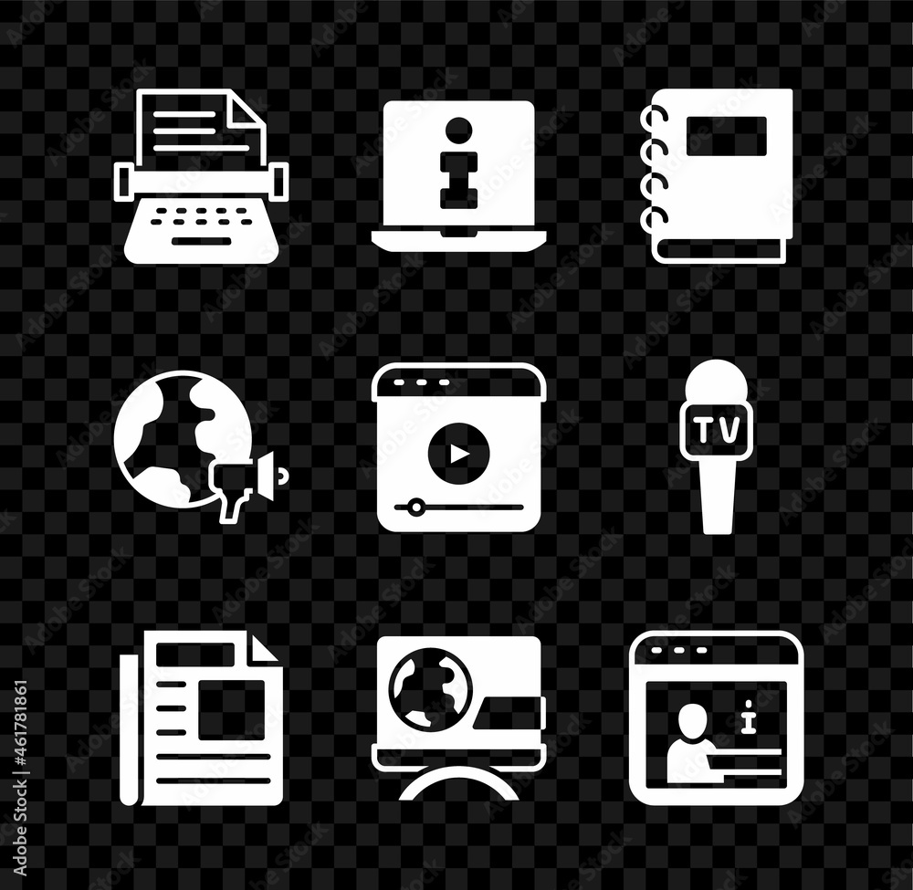 Set Retro typewriter, Information, Notebook, News, Breaking news, World and Live stream icon. Vector