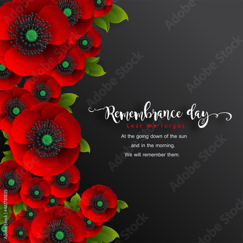 Remembrance day lest we forget. realistic red poppy flower international symbol of peace with paper cut art and craft style on color background.
