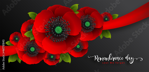 Remembrance day lest we forget. realistic red poppy flower international symbol of peace with paper cut art and craft style on color background.