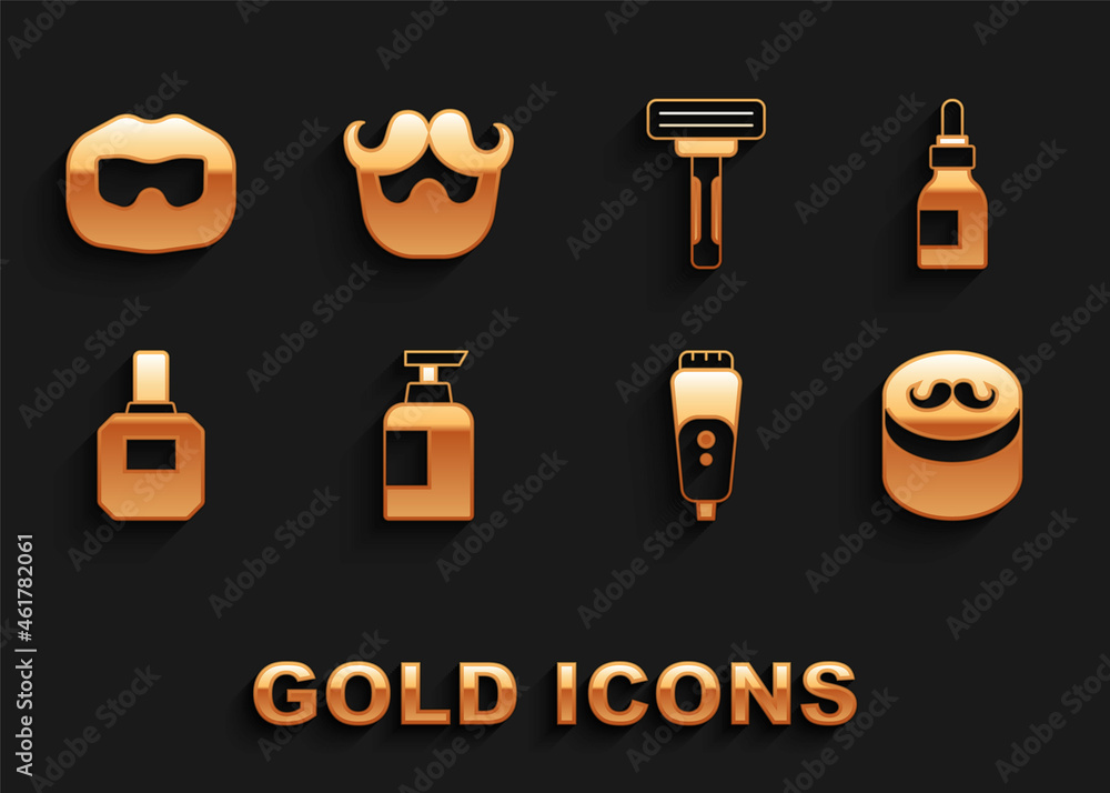 Set Bottle of shampoo, Oil bottle, Gel or wax for hair styling, Electric razor blade, Aftershave, Shaving, Mustache and beard and icon. Vector Set Bottle of shampoo, Oil bottle, Gel or wax for hair styling, Electric razor blade, Aftershave, Shaving, Mustache and beard and icon. Vector