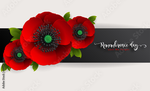 Remembrance day lest we forget. realistic red poppy flower international symbol of peace with paper cut art and craft style on color background.
